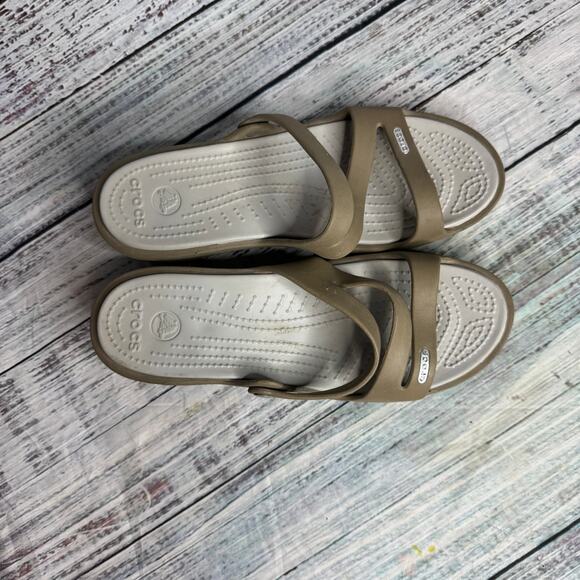 Crocs Patricia Wedge Slide Sandal Tan Slip On Comfort Sandals 9 - Picture 3 of 4